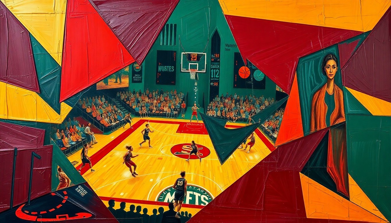 A fragmented, geometric painting depicting the dynamic action of a women's basketball game, with sharp planes of color and overlapping perspectives capturing the sport's intensity and complexity.