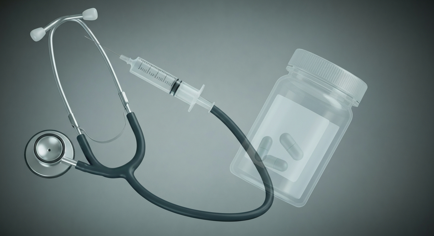 A translucent, ghostly X-ray photograph showing the internal structures of medical equipment like a stethoscope, syringe, and pill bottle, conceptually representing the fragility of Minnesota's healthcare system as it faces significant Medicaid funding cuts.