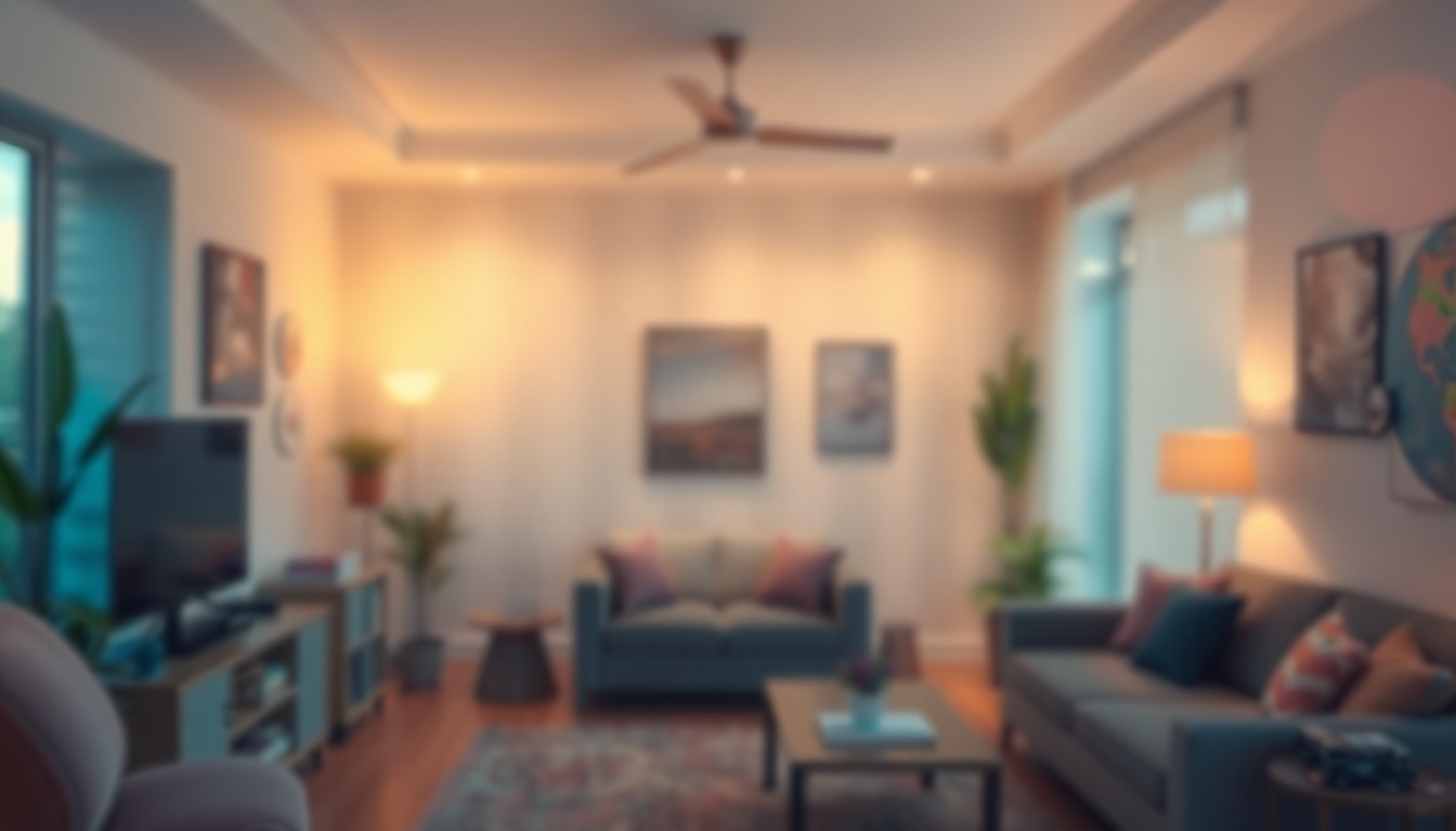 An extremely abstracted, out-of-focus photograph of a residential or commercial interior, with soft, warm pools of light and color creating a dreamlike, atmospheric scene that conceptually represents the balance between regular upkeep and detailed cleaning.