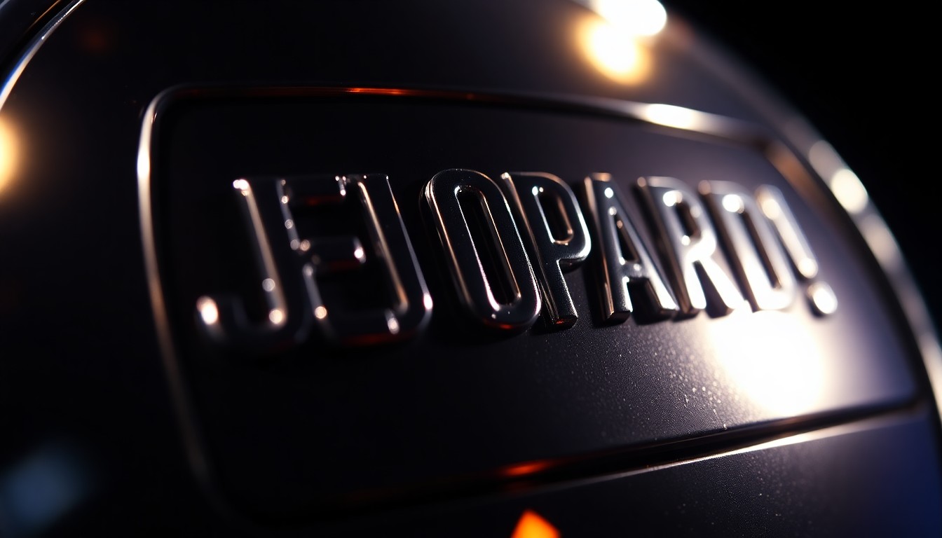 An extreme close-up photograph of a metallic 'Jeopardy!' game show buzzer, capturing the dramatic, high-contrast lighting and glamorous, high-fashion aesthetic of the competition.