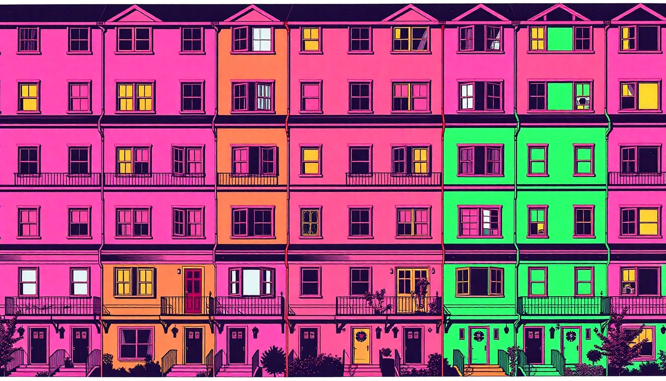 A brightly colored, high-contrast silkscreen print of a single, iconic townhome design repeated in a tight grid pattern, conceptually representing the city's efforts to encourage new 'missing middle' housing development.