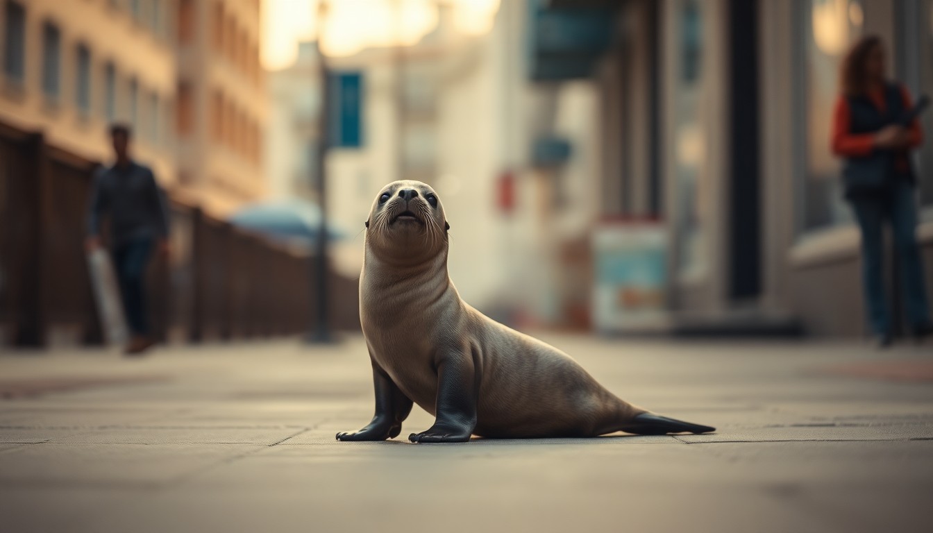 An extremely abstracted, out-of-focus photograph in soft pools of warm color and light, depicting a baby sea lion sitting on a sidewalk surrounded by blurred urban elements.
