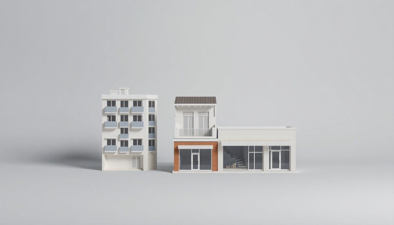 A high-end, photorealistic studio still-life photograph featuring a polished, geometric model of a residential apartment building, a townhome, and a retail storefront, arranged elegantly on a clean, monochromatic background, conceptually representing the abstract concepts of urban development, real estate investment, and community growth.