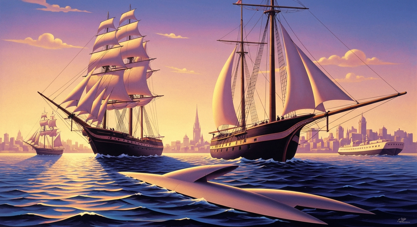 A highly stylized, geometric illustration depicting the grand scale of tall ships sailing through a sweeping cityscape, conveying the energy and excitement of a major maritime event without any literal depictions of people or text.