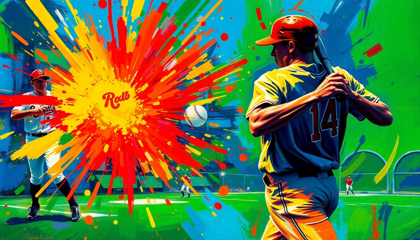 An abstract expressionist painting featuring vibrant neon brushstrokes and splatters of color, capturing the dynamic motion and excitement of a baseball game without any identifiable players or teams.