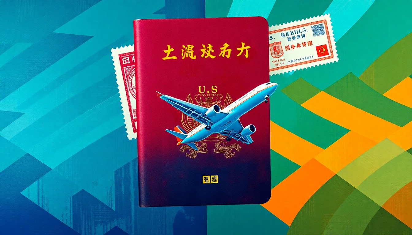 An abstract, fragmented painting depicting the symbols of international travel and border crossings - a Chinese passport, a U.S. customs stamp, and an airplane - repeated in overlapping geometric waves of deep blue, green, and orange, conveying a sense of disruption and unease.