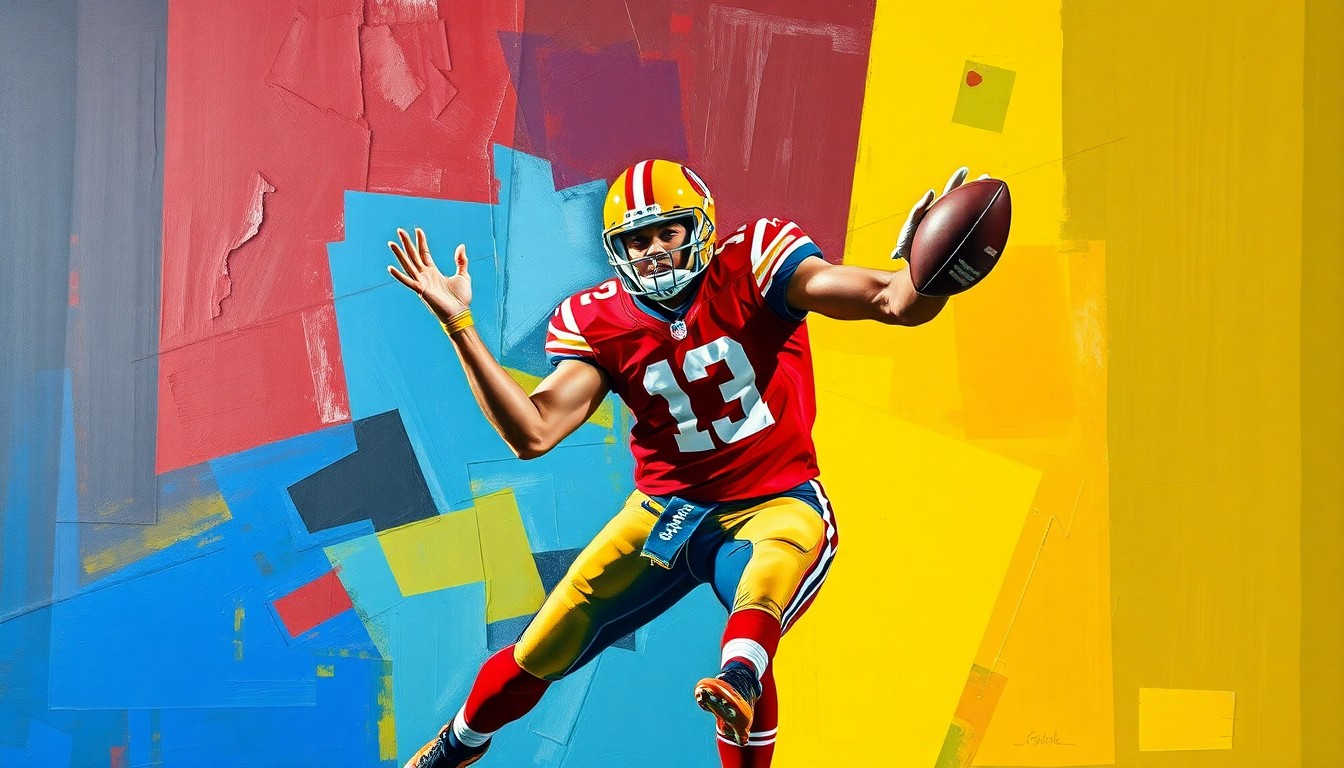 A cubist-style painting depicting a football player in mid-catch, their body broken down into sharp, overlapping geometric shapes in a vibrant color palette, conceptually representing the multifaceted nature of Malik Benson's path to the NFL.