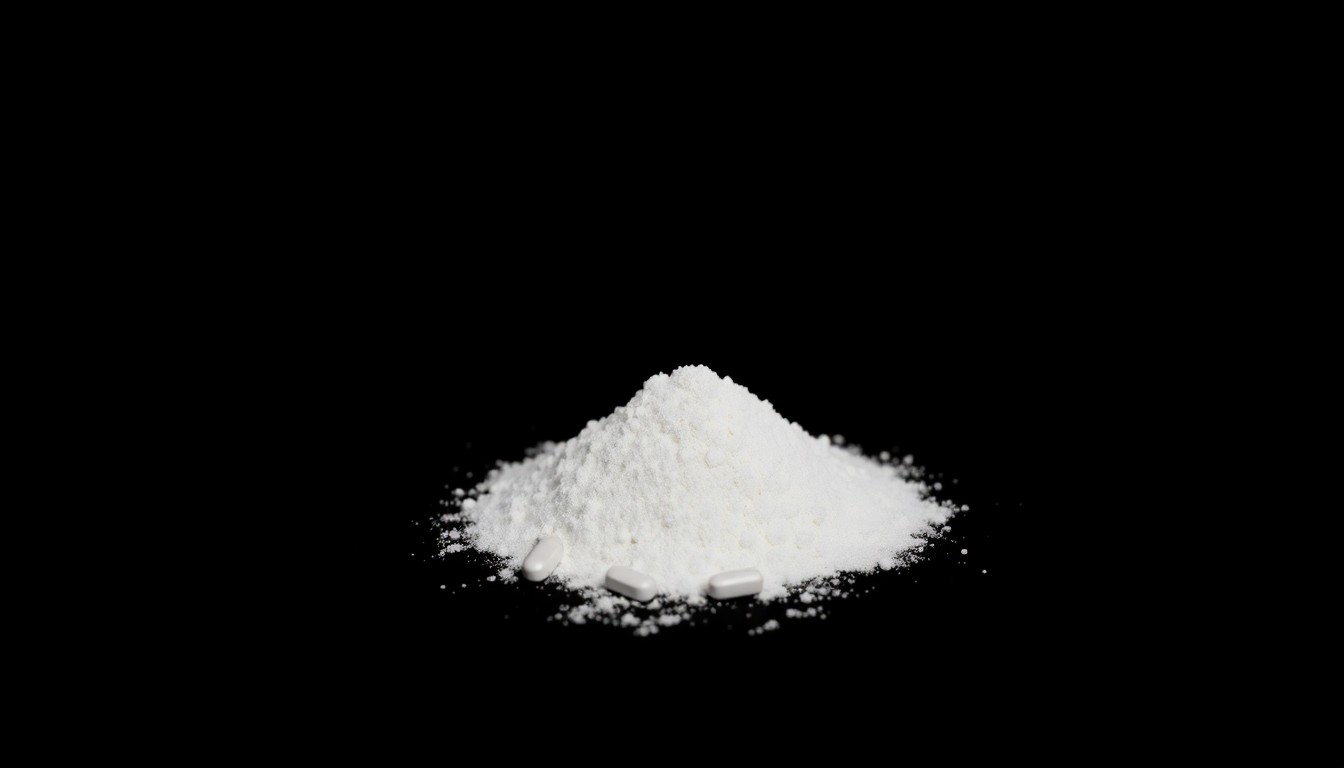An extreme close-up photograph of a small pile of white powder and several small pills, creating a stark, gritty, investigative aesthetic through the use of harsh, direct flash lighting against a pitch-black background.