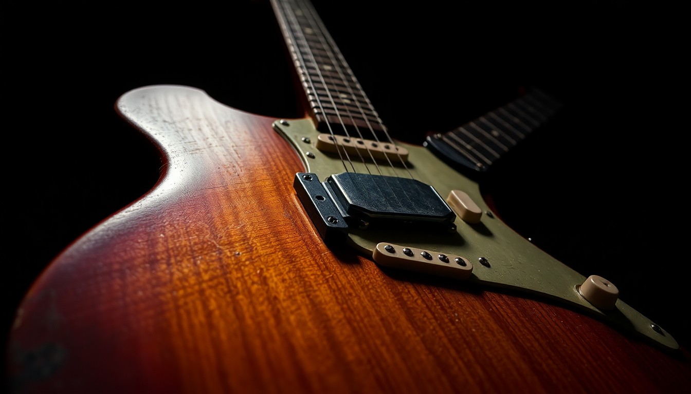 An extreme close-up photograph of the worn, textured wooden body and metallic hardware of a vintage electric guitar, captured in dramatic high-contrast studio lighting to create a moody, glamorous aesthetic.