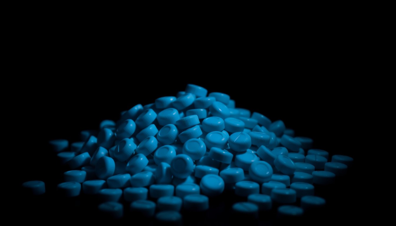An extreme close-up photograph of a pile of blue counterfeit M-30 pills against a pitch-black background, lit by a harsh, direct camera flash, creating a stark, gritty, investigative aesthetic.
