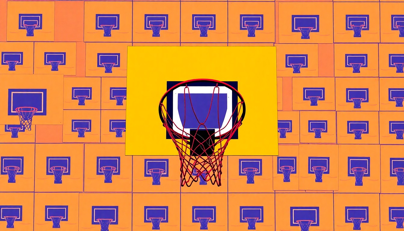 A brightly colored, abstract grid of basketball hoops in vibrant neon shades, conceptually representing the revitalized recreational facilities at the Chick Webb Center.