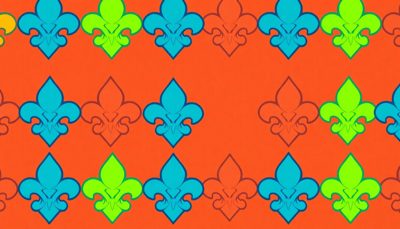 A brightly colored, high-contrast silkscreen print of a single, iconic Boy Scout merit badge or emblem repeated in a tight grid pattern, using vibrant neon colors and heavy black outlines to transform an everyday scouting symbol into modern pop art.