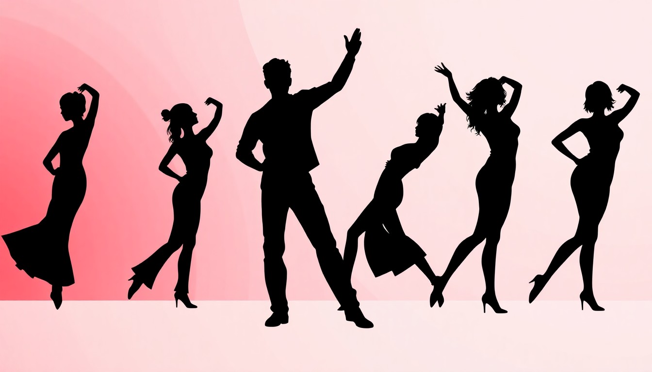 A striking abstract illustration featuring bold black dancer silhouettes in dynamic poses against a high-contrast red and white background, capturing the energy and artistry of the Wildcat Dancers' performance.