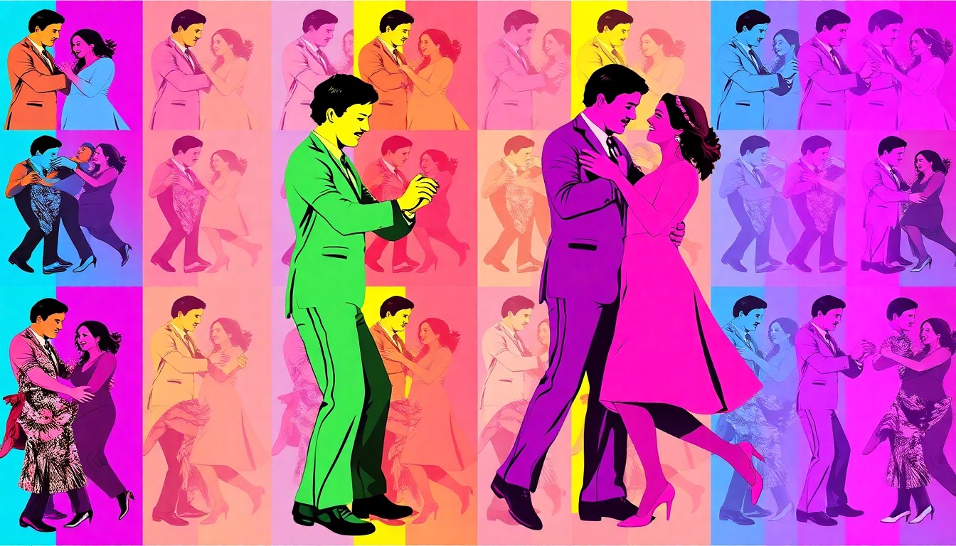 A vibrant, abstract silkscreen-style illustration depicting stylized figures of parents and children dancing together in a repeating grid pattern, capturing the celebratory energy of the school's family dances.