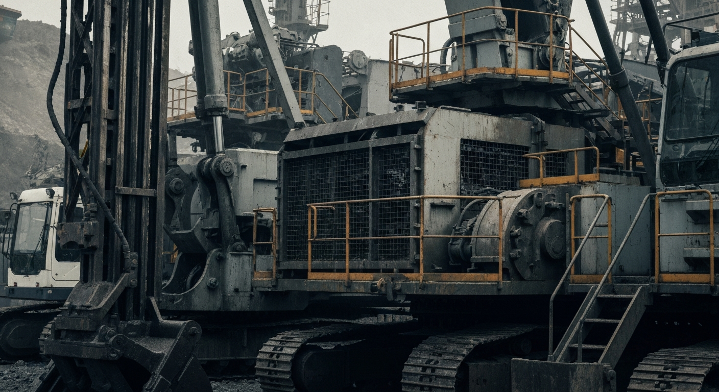 A close-up, cinematic view of heavy mining equipment and machinery, such as drills, excavators, or ore processing equipment, in muted, industrial colors like steel grey, rust, and oil-stained black, representing the financial and industrial might of the mining industry.
