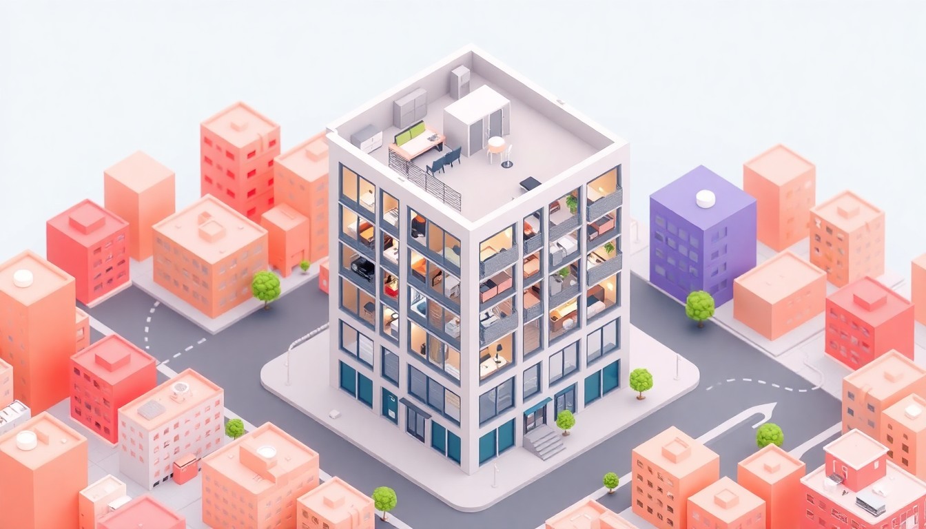 A minimalist, isometric 3D illustration depicting a stylized corporate apartment building with furnished interiors, surrounded by a pastel-colored cityscape, conceptually representing the seamless apartment search experience offered by St. Louis Corporate Housing.