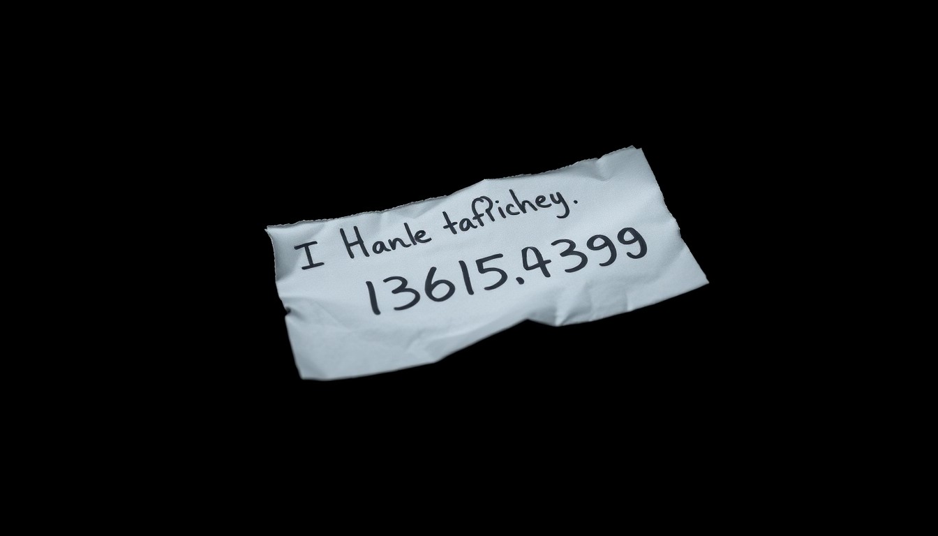 An extreme close-up photograph of a crumpled piece of paper with a handwritten phone number, lit by a harsh, direct camera flash against a pitch-black background, conceptually representing a lifeline for victims of human trafficking.