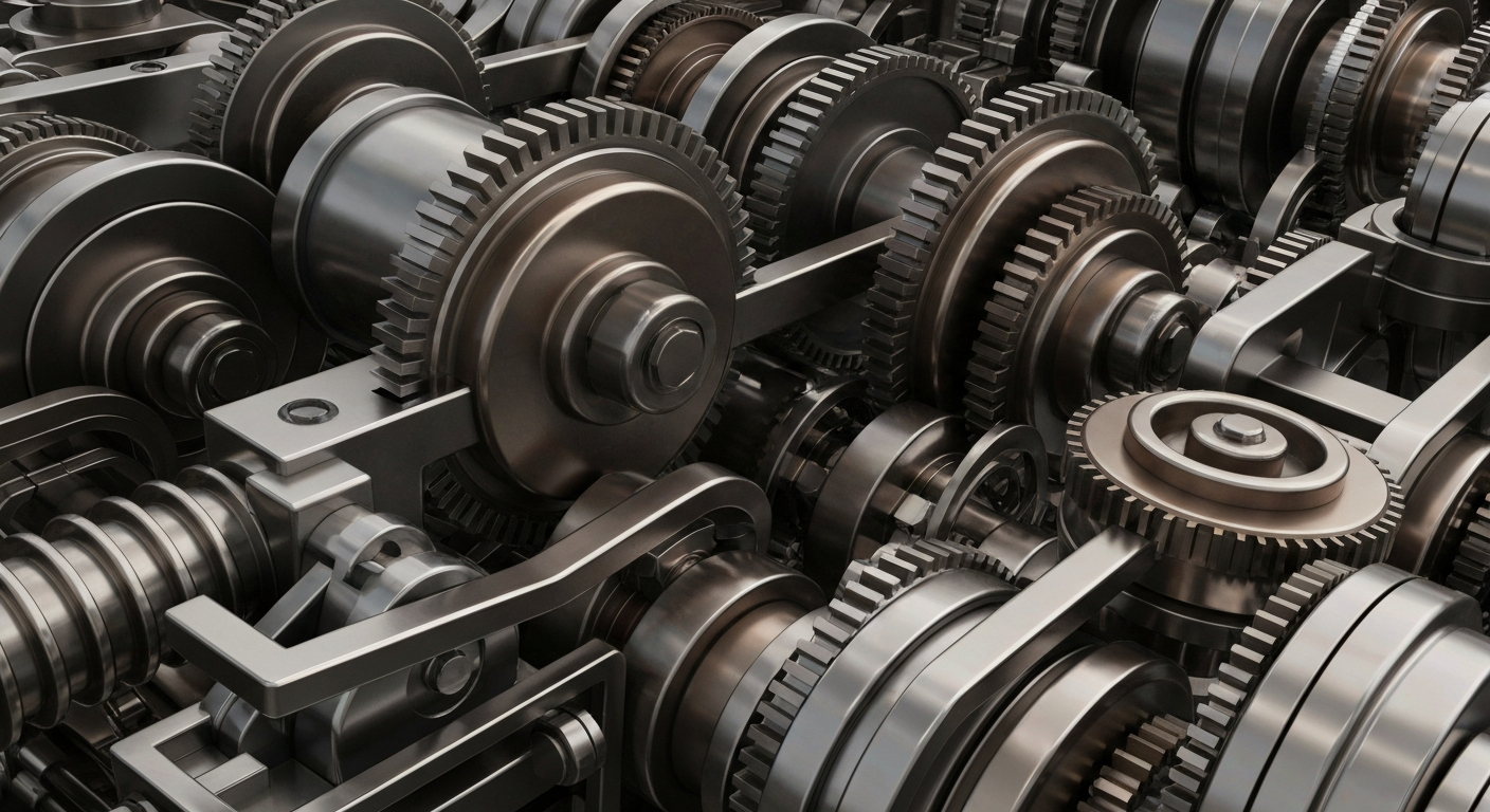 An extreme close-up of the intricate, metallic components of a banking machine, conveying the secure infrastructure and institutional power of the financial industry.