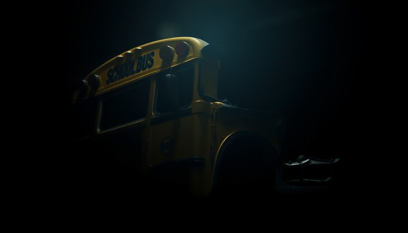 An extreme close-up photograph of a damaged school bus part or piece of evidence from the crash site, capturing the stark, gritty details in dramatic lighting to convey the serious, investigative nature of the incident.