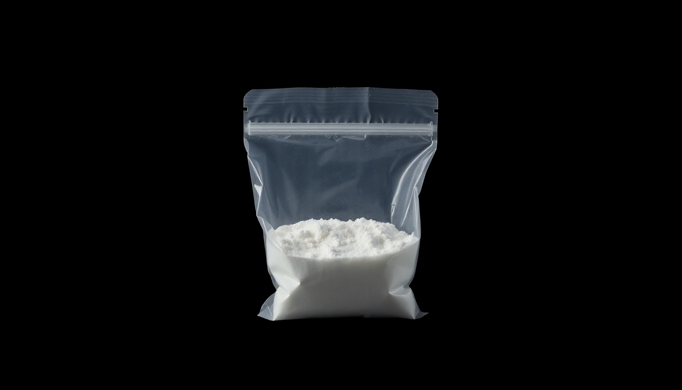 An extreme close-up photograph of a small plastic bag containing white crystalline powder, lit by a harsh, direct camera flash against a pitch-black background, conceptually illustrating the methamphetamine seized during a police operation in an Austin neighborhood.