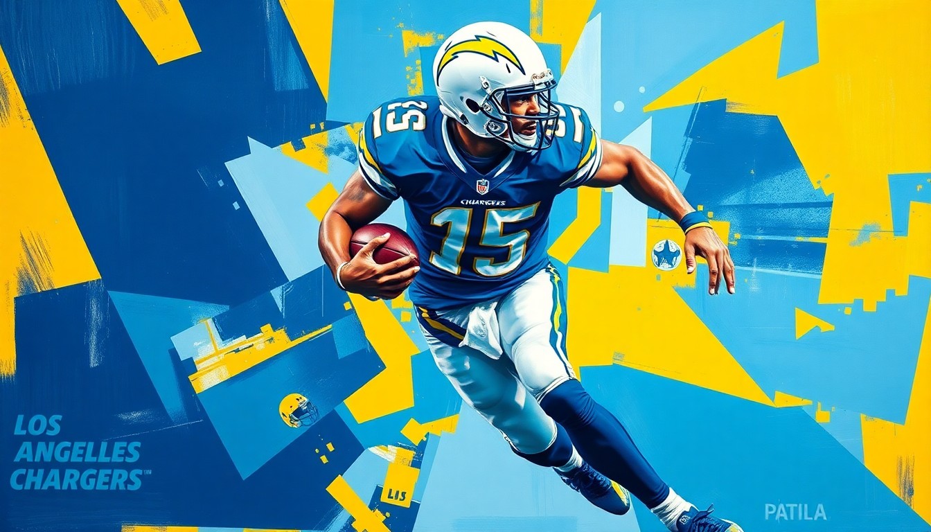 A cubist, geometric painting depicting a football player in motion, with sharp, overlapping planes of navy blue, powder blue, and gold representing the Los Angeles Chargers.