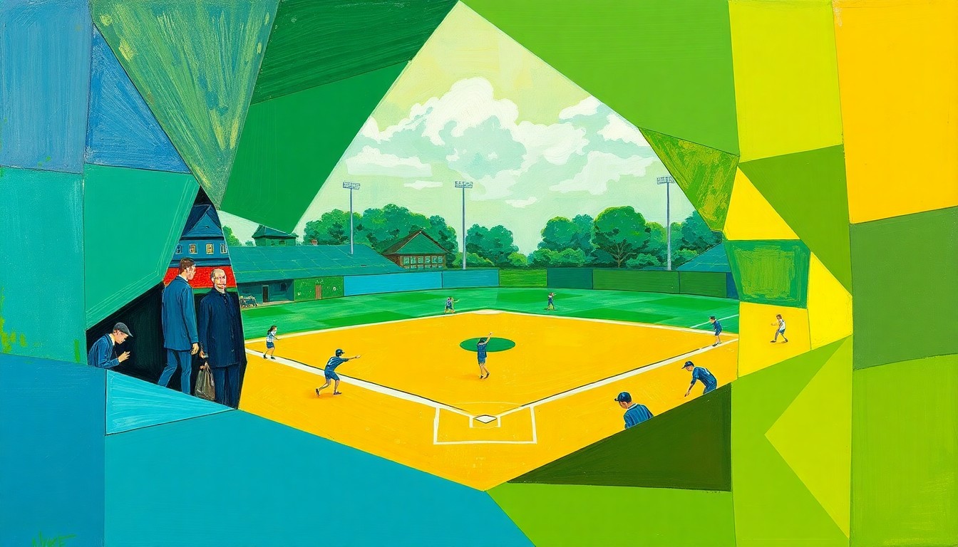 A fragmented, geometric painting in shades of green, blue, and yellow, depicting the overlapping perspectives and dynamic action of a high school softball game.