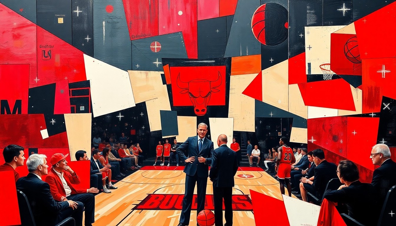 A cubist, geometric painting depicting a fragmented, multi-angled view of a basketball coaching scene, with sharp planes of red, black, and white representing the Chicago Bulls' team colors.