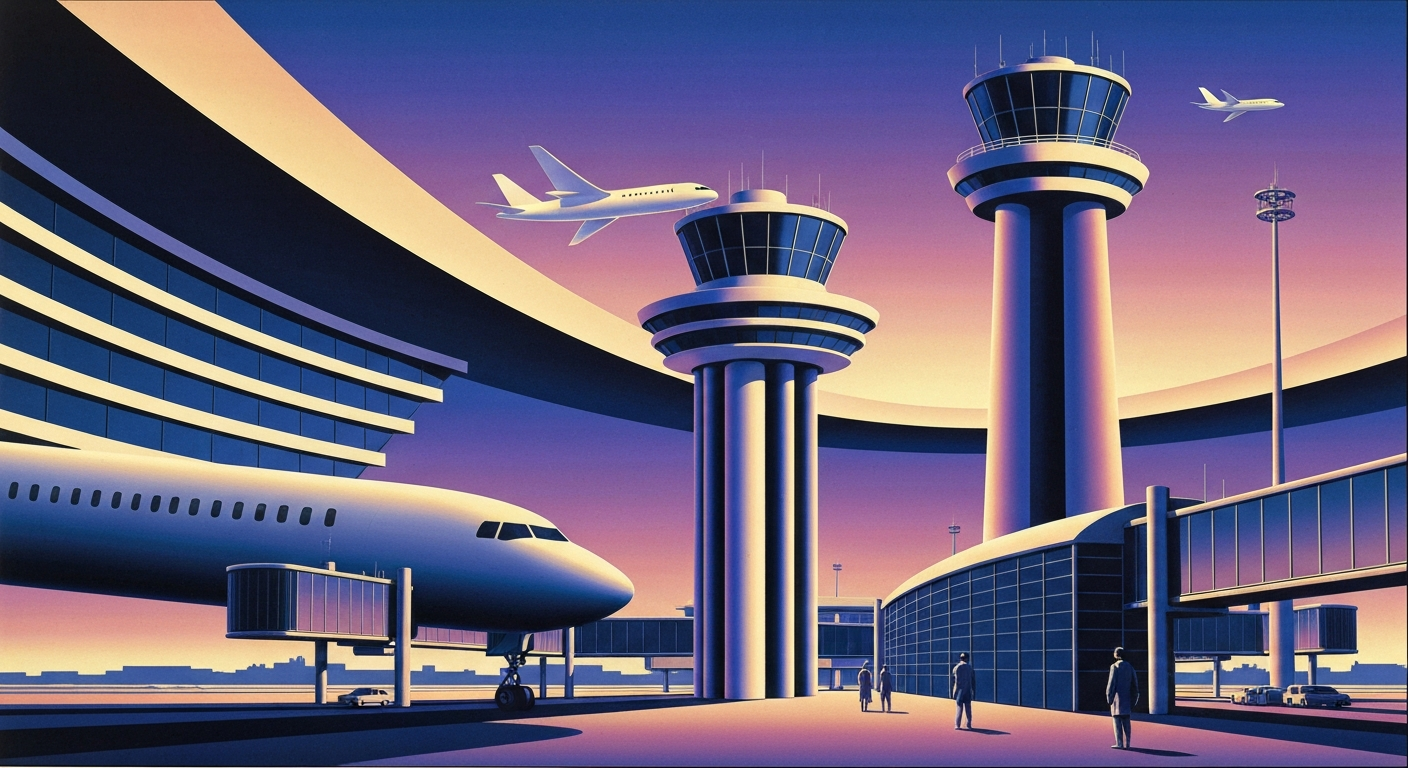 A bold, geometric illustration in the Art Deco style, depicting the towering, streamlined form of an airport control tower or terminal against a backdrop of sweeping gradients, capturing the grand scale and romance of air travel.