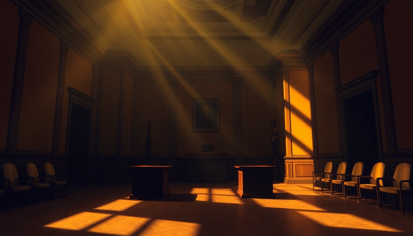 A dimly lit, cinematic interior space with an empty government desk and chair, the room bathed in warm, diagonal sunlight and deep shadows, conveying a sense of political tension and uncertainty.