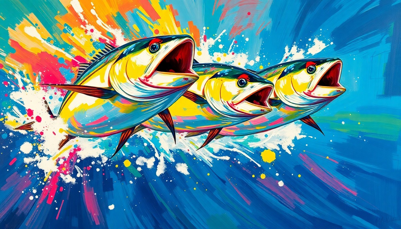 A dynamic, abstract painting featuring bold, neon-colored brushstrokes that evoke the explosive energy and movement of tuna fish leaping from the ocean.