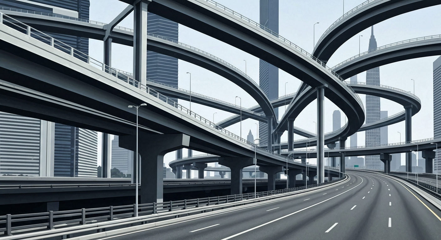A highly stylized, geometric illustration depicting the sweeping curves and towering forms of a complex urban freeway interchange, rendered in shades of gray, steel blue, and chrome to convey a sense of monumental scale and engineering prowess.