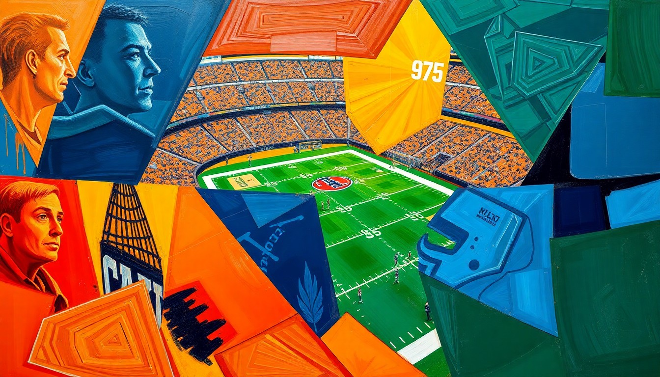 A cubist, geometric painting depicting fragmented football players and draft prospects, with sharp planes of color in navy, orange, and green representing the chaotic nature of the draft process.