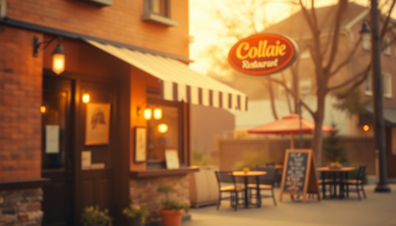 A soft, out-of-focus photograph in warm, hazy tones depicting the exterior of a cozy neighborhood restaurant, with the faint outline of a sign or logo barely visible through the blurred foreground, conceptually representing the mourning and community impact of a local business losing a beloved family member.