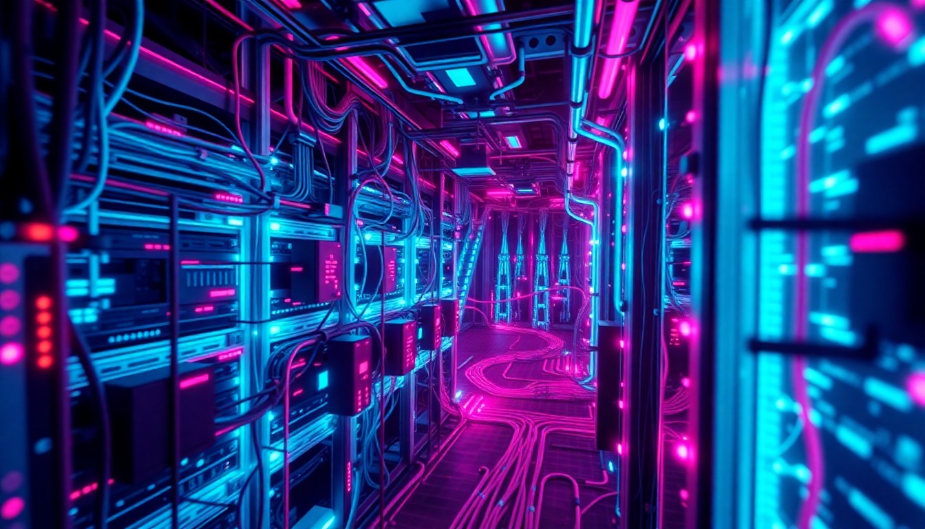 A highly detailed, glowing 3D illustration of a complex cybersecurity infrastructure, with neon cyan and magenta lights illuminating the intricate network of cables, servers, and other digital components, conceptually representing the power and potential danger of advanced AI technology like Anthropic's Mythos model.