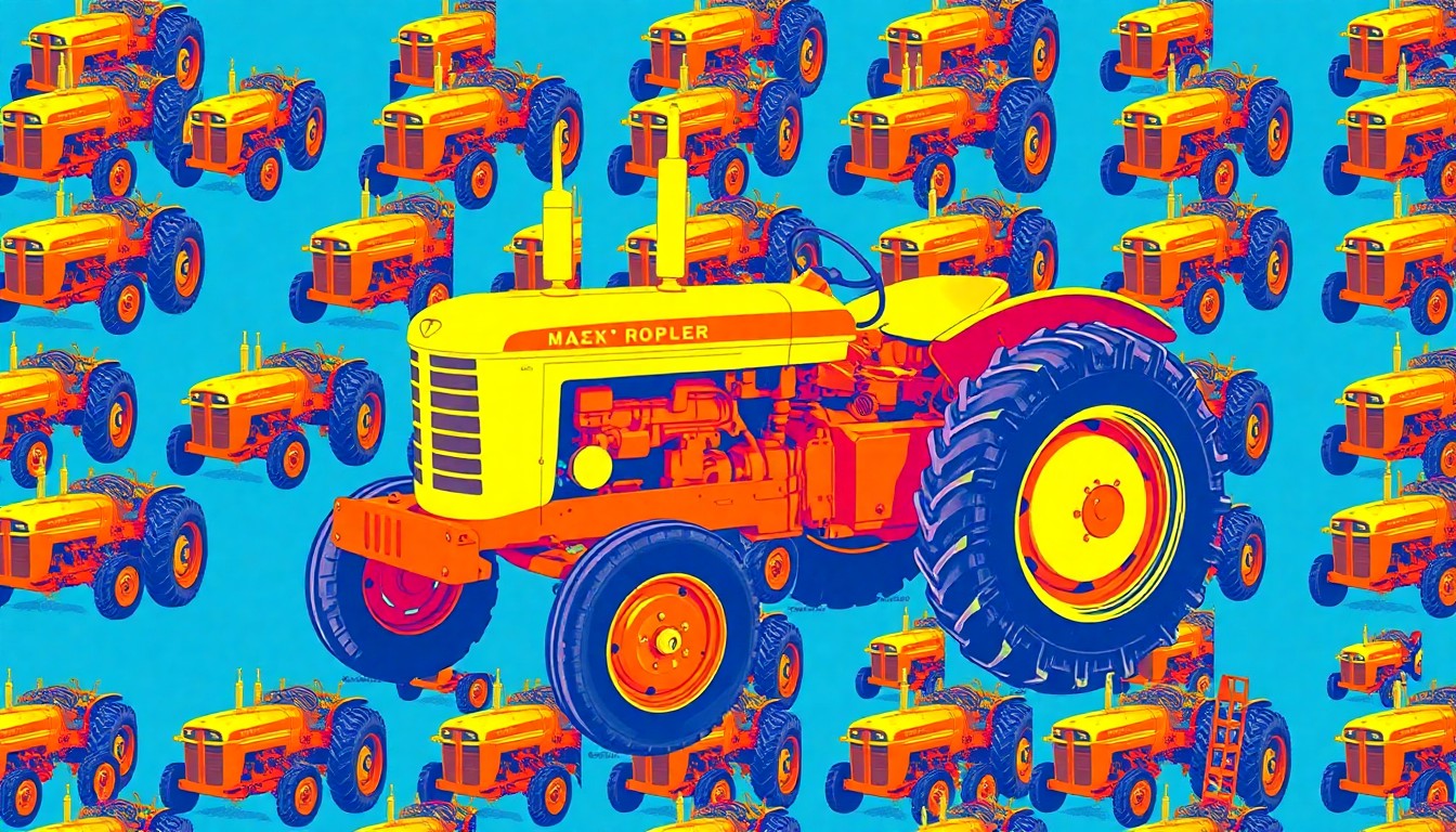 A bold, colorful silkscreen-style illustration featuring a vintage tractor repeated in a grid pattern, capturing the agricultural heritage and community spirit of the Floyd County Old Settlers Reunion.