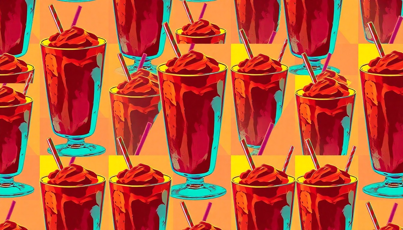 A vibrant, high-contrast silkscreen illustration of a chocolate milkshake repeated in a grid, capturing the indulgent and trendy nature of this Dubai-inspired Baskin-Robbins offering.