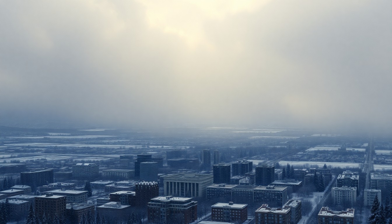 A vast, atmospheric landscape painting depicting a heavy snowstorm sweeping across the Denver skyline, with the city's buildings and structures dwarfed by the overwhelming scale of the weather event.