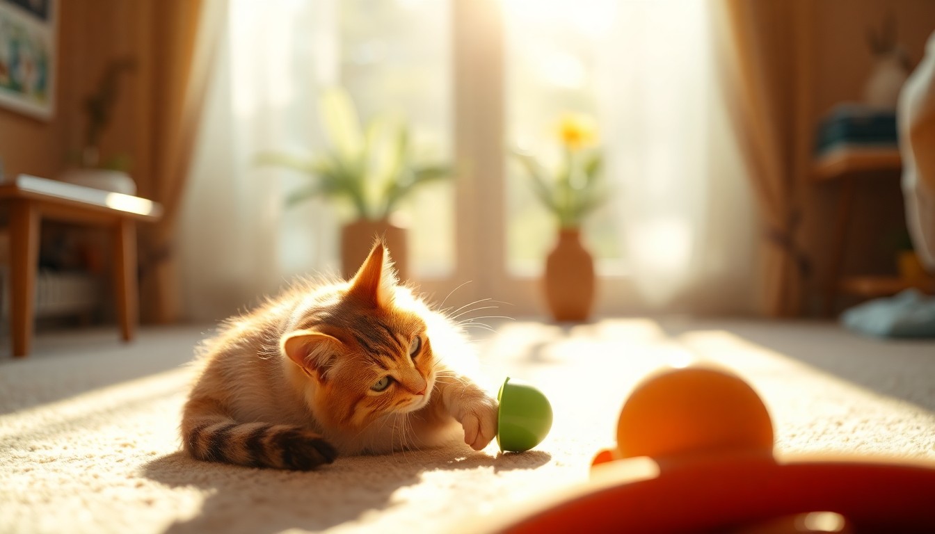 An abstract, impressionistic scene of a cat playing with a toy in a warm, softly-lit room, conveying the gentle, comforting atmosphere of the cat rescue.