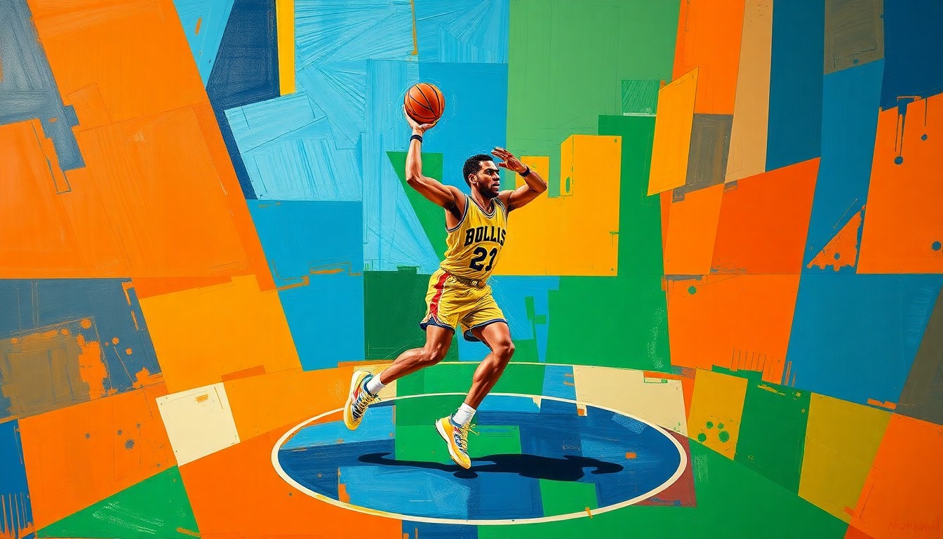 A fractured, cubist-style painting depicting the movements and positioning of a basketball player on the court, with sharp, overlapping geometric shapes in vibrant colors.