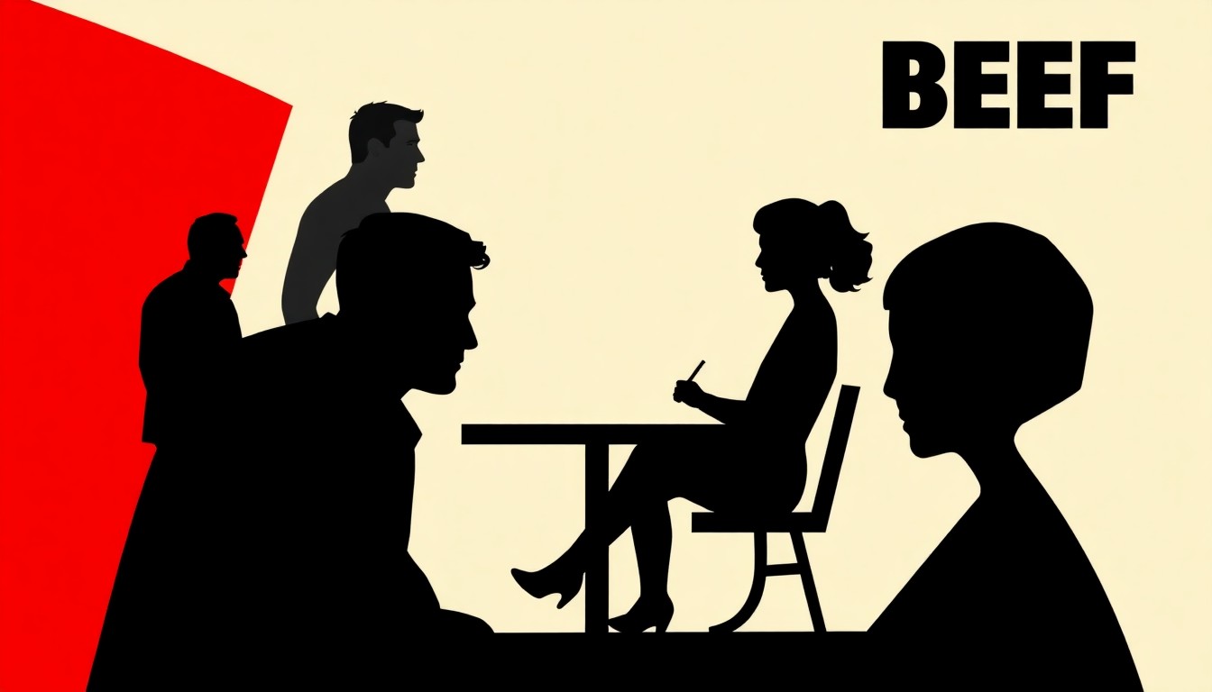 A striking abstract composition of jagged black silhouettes and bold red shapes, conceptually representing the interpersonal conflicts at the heart of the 'Beef' TV series.