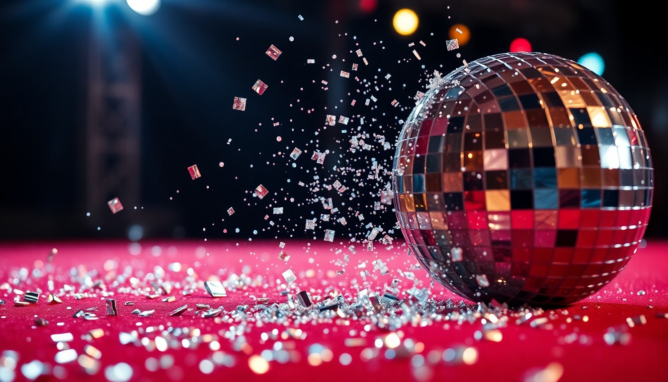 An abstract close-up photograph featuring a dramatic, high-contrast composition of shimmering sequins and shattered glass, conceptually representing the celebratory energy of a movie premiere event.