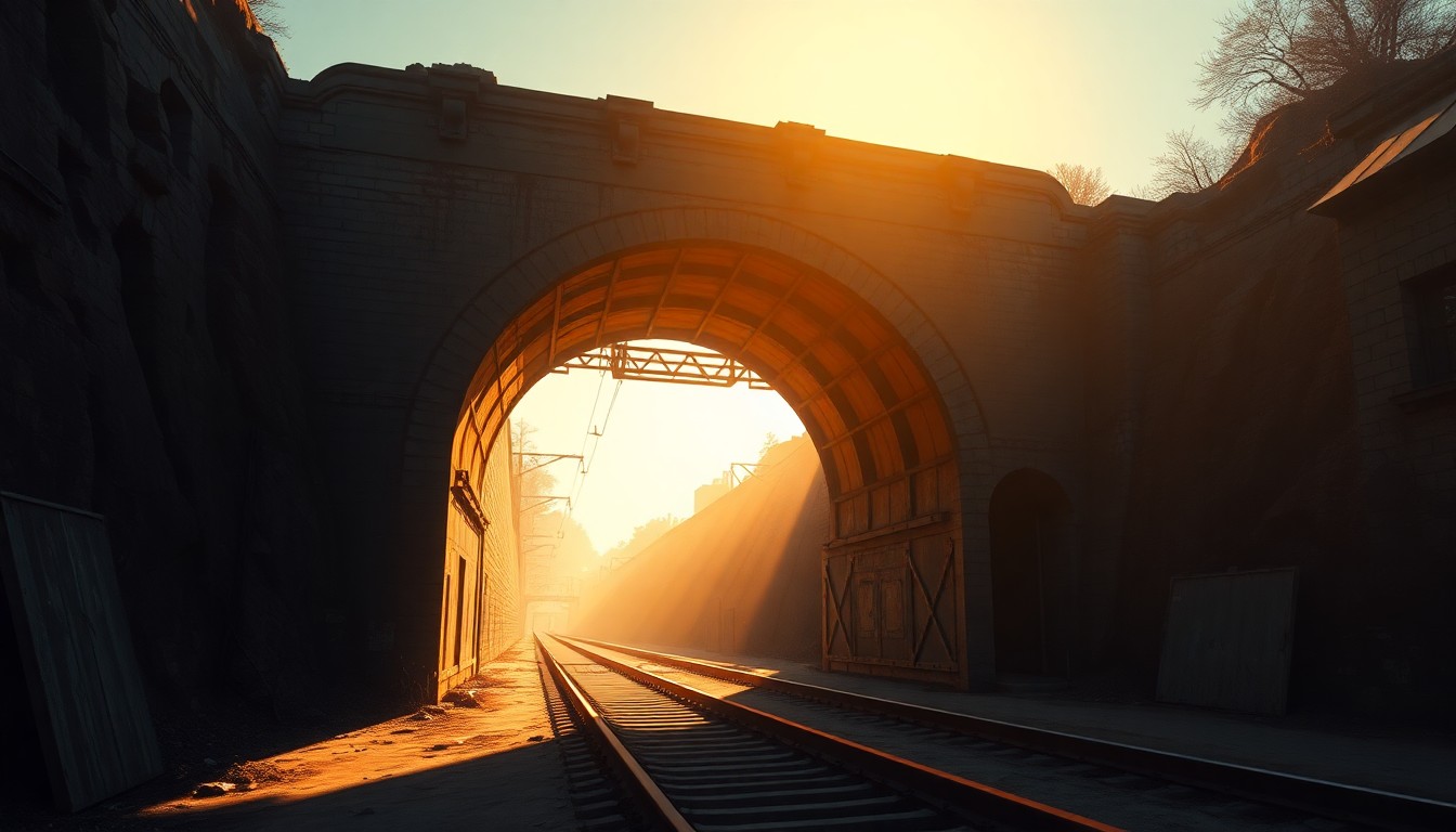 A photorealistic painting in the style of Edward Hopper, depicting the entrance to an old, crumbling railroad tunnel partially obscured by shadows, with a warm, golden light filtering through from the other side, creating a sense of tension and uncertainty.