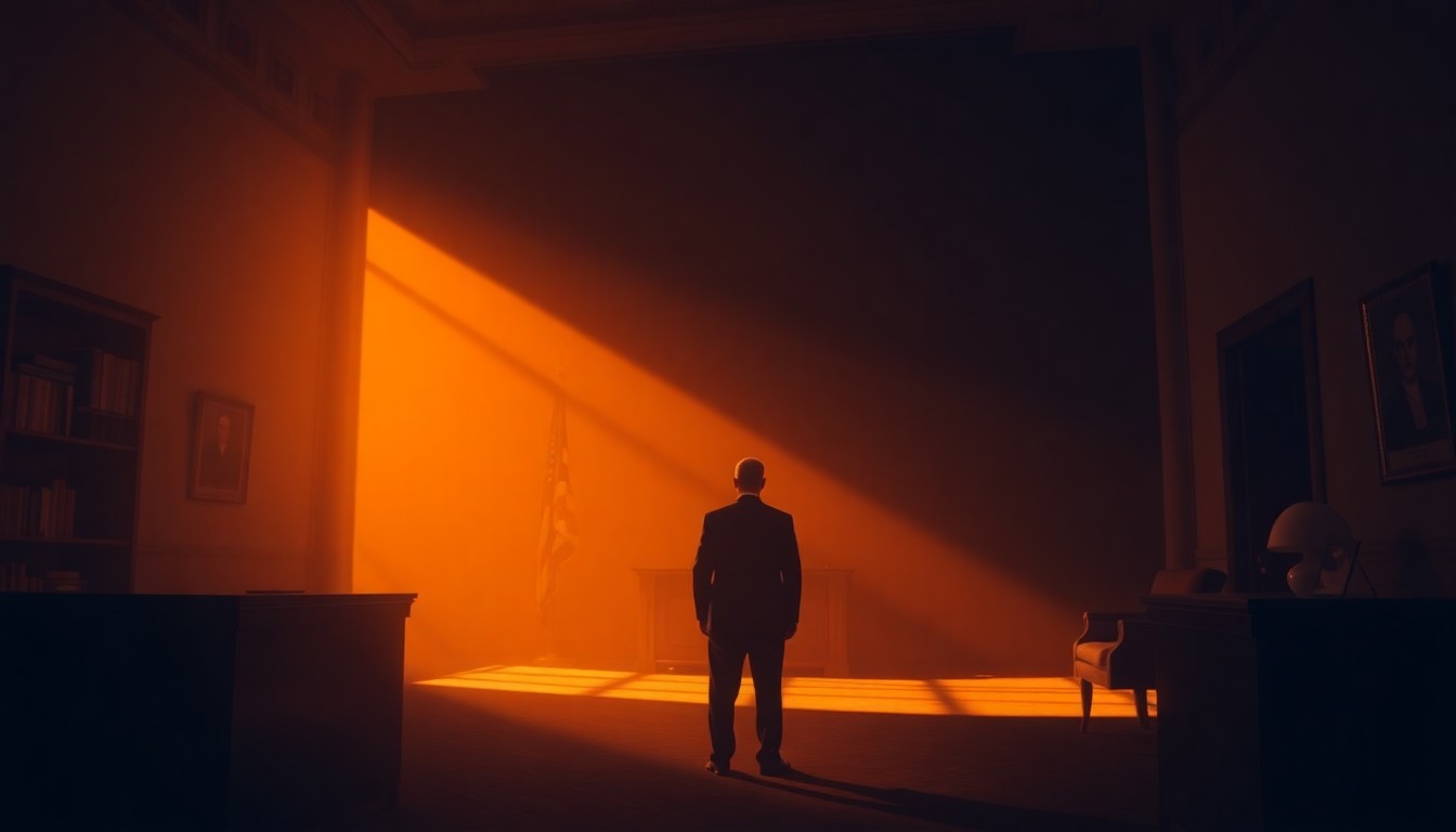 A quiet, cinematic painting of a lone figure sitting at a desk in a dimly lit government office, the space bathed in warm, diagonal sunlight and deep shadows, conceptually representing the political tensions between the media and the Trump administration.