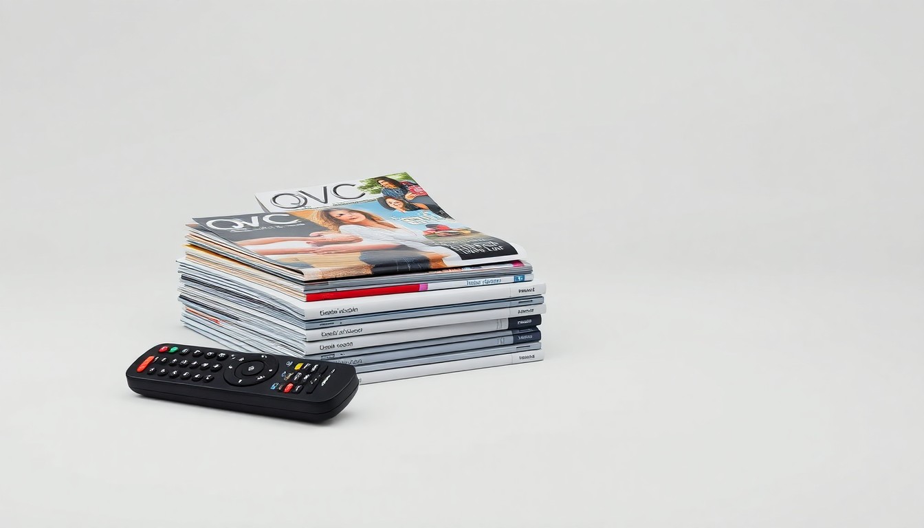 A minimalist studio still life featuring a stack of QVC product catalogs and a remote control on a clean, monochromatic background, symbolizing the decline of traditional TV shopping.