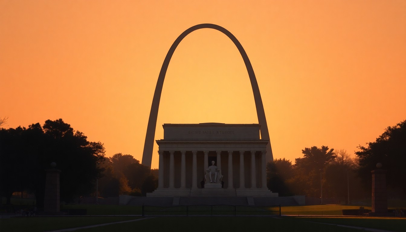 A cinematic painting of a massive, 250-foot arch structure looming over the Lincoln Memorial on the National Mall, bathed in warm, diagonal sunlight and deep shadows, conceptually illustrating the controversial scale and nationalist symbolism of the proposed monument.