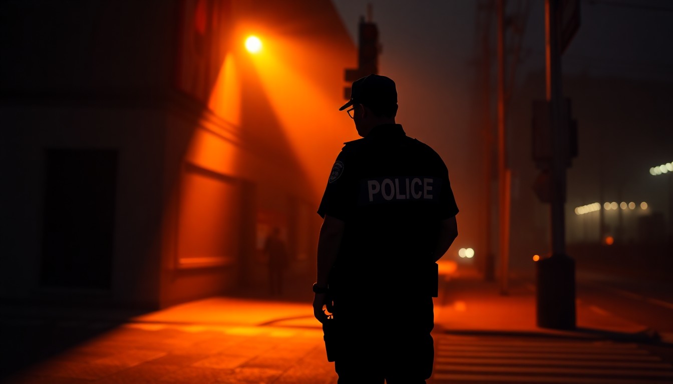 A cinematic painting of a solitary police officer standing alone on a dimly lit city street corner, bathed in warm, diagonal sunlight and deep shadows, conveying the quiet tension and unease surrounding the immigration debate.