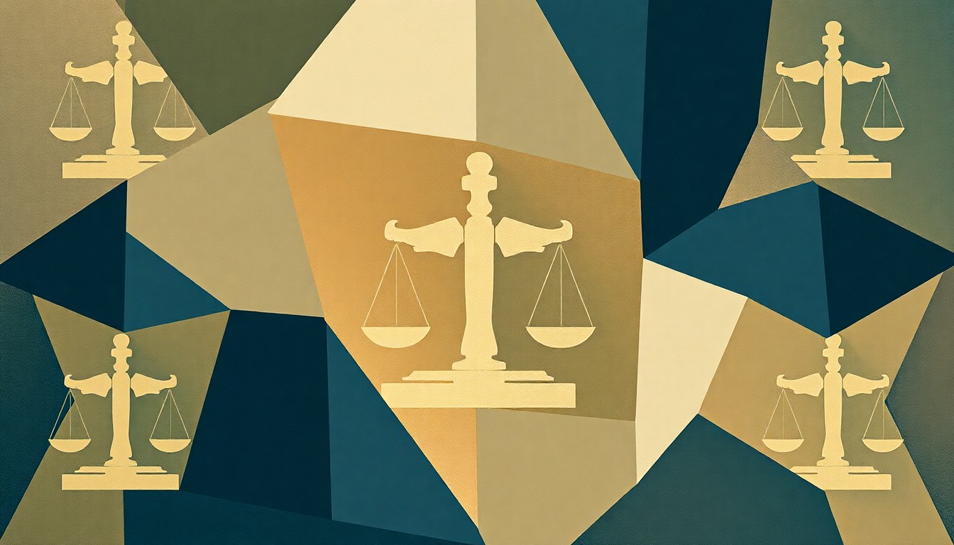 A dynamic, abstract painting featuring overlapping geometric shapes and waves of muted earth tones and deep blues, conceptually representing the heated political debate over the president's authority to wage war without congressional approval.