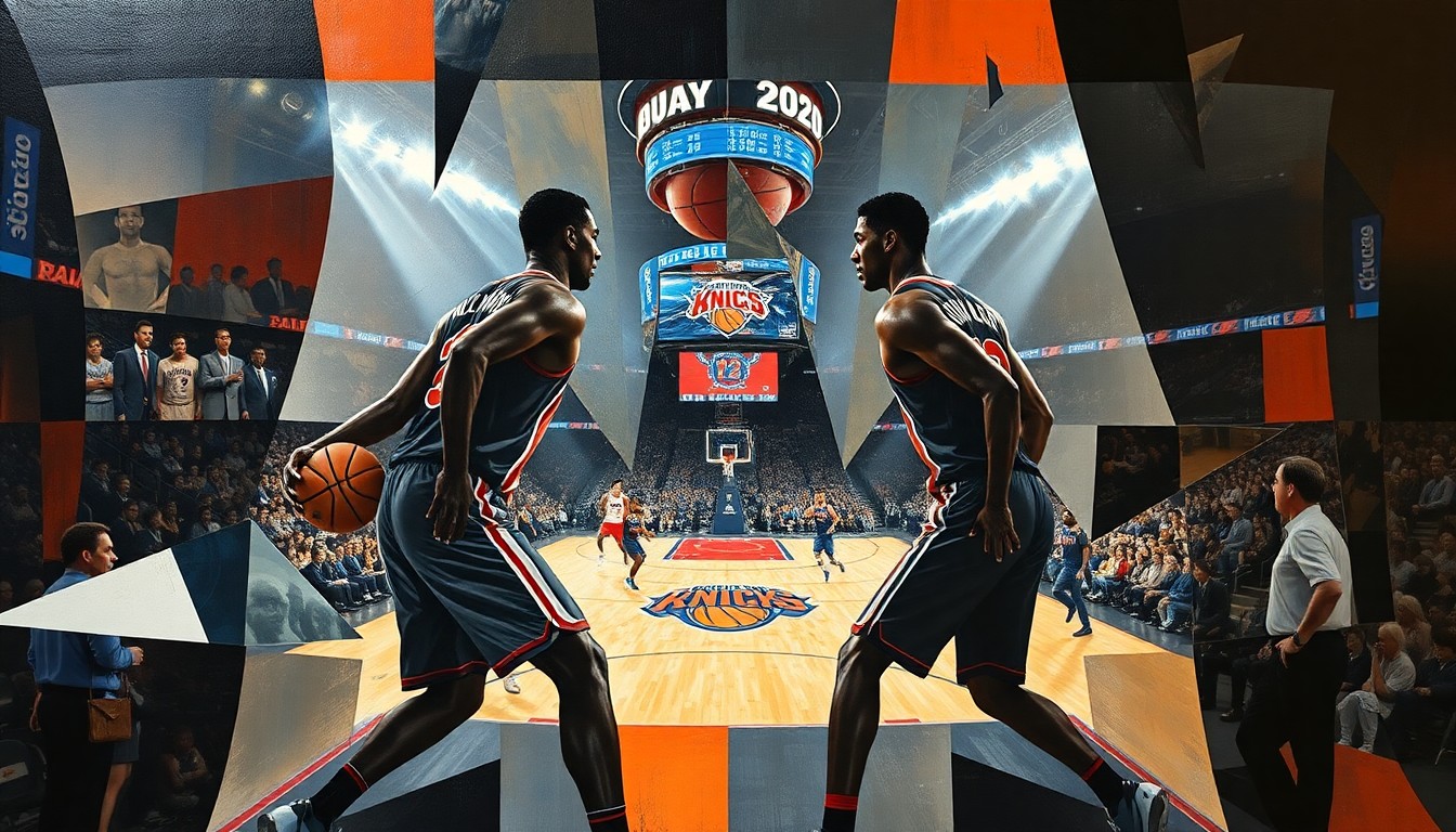A fractured, geometric painting depicting an NBA basketball game between the Atlanta Hawks and New York Knicks, with the players' figures broken down into abstract shapes and forms.