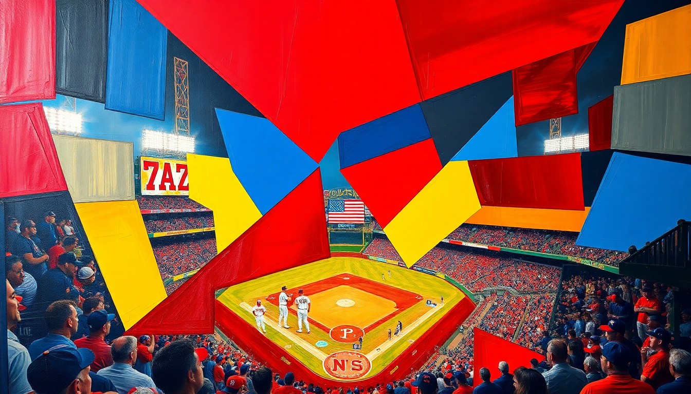 A cubist, geometric painting depicting the final moments of a baseball game, with overlapping planes of bright colors representing the action on the field.