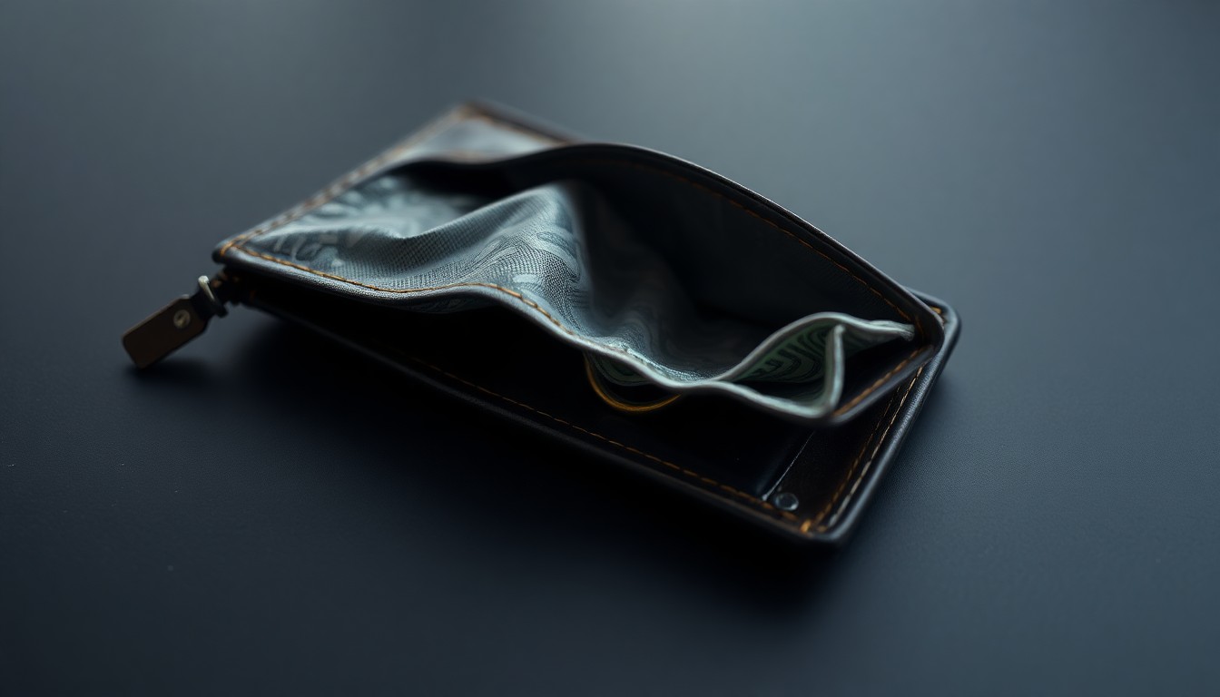 An extreme close-up of a crumpled, empty wallet lying on a dark surface, conceptually representing the financial loss and vulnerability of an elderly victim of an online romance scam.